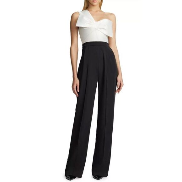 NWT Zac Posen Womens One Shoulder Bow Wide Leg Jumpsuit 8 Black/White-F9 - Picture 1 of 10